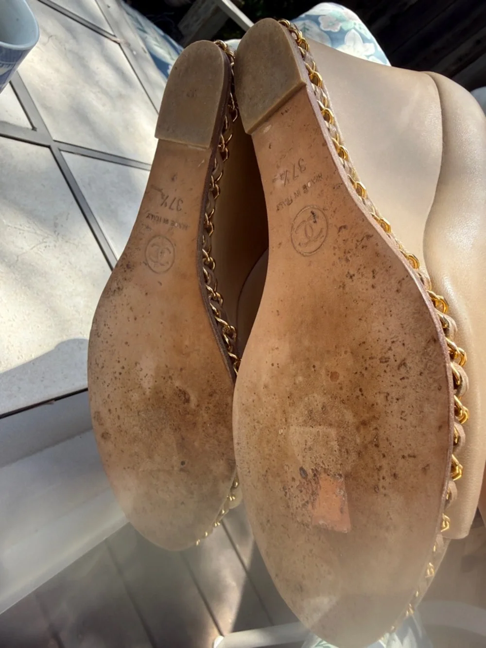 Iconic CHANEL Nude Beige Peep-Toe Platform with Chain Trim Interlocking CC logo